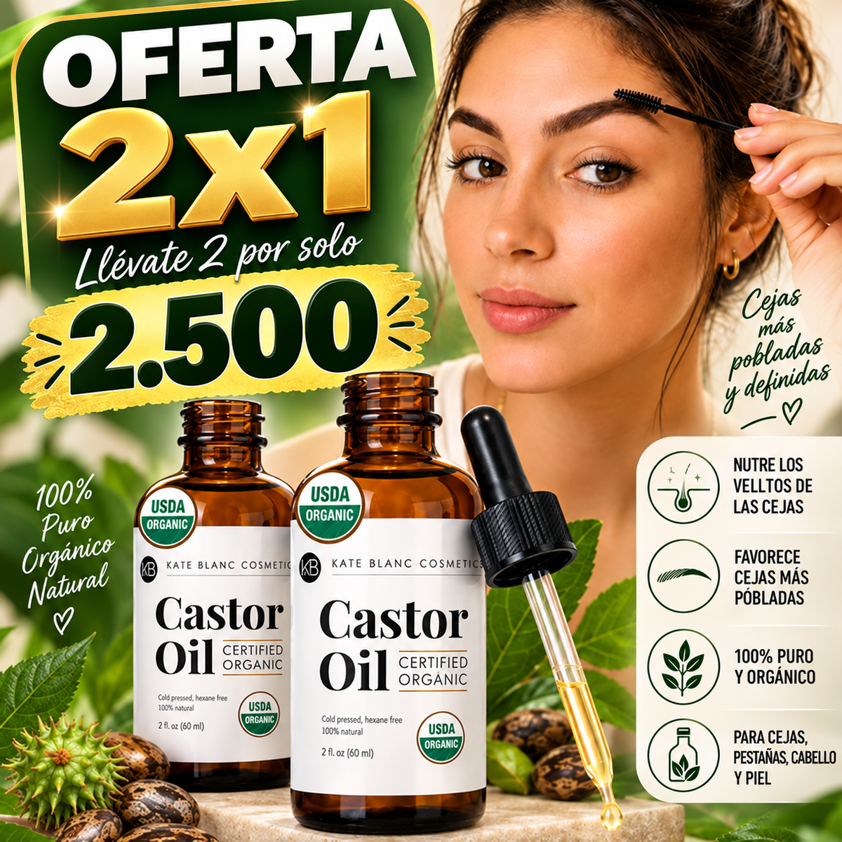 Aceite de Ricino Orgánico 100% Puro | Fortalece Cejas, Pestañas y Cabello | Oferta 2x1